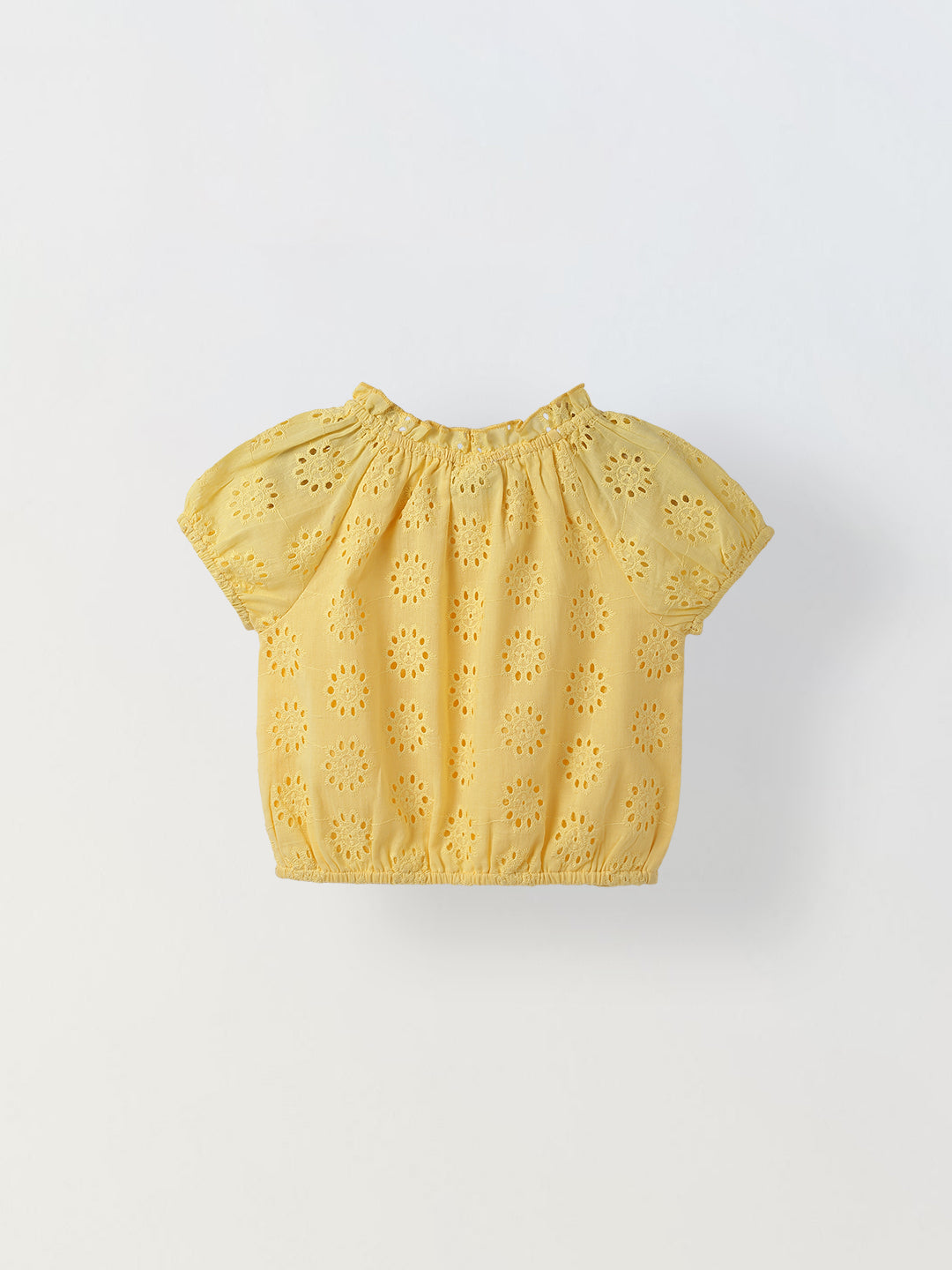 Yellow Round Neck Schiffli Top For Girls