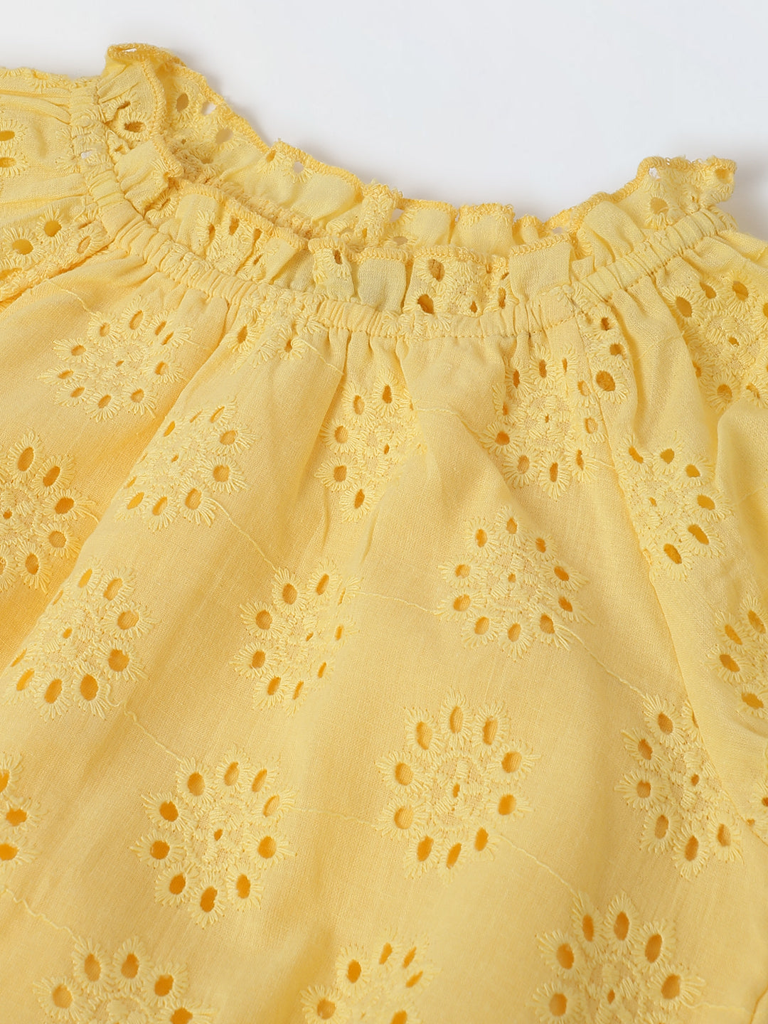 Yellow Round Neck Schiffli Top For Girls