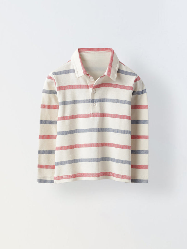 Boys White Collar Neck Striped Polo T-Shirt