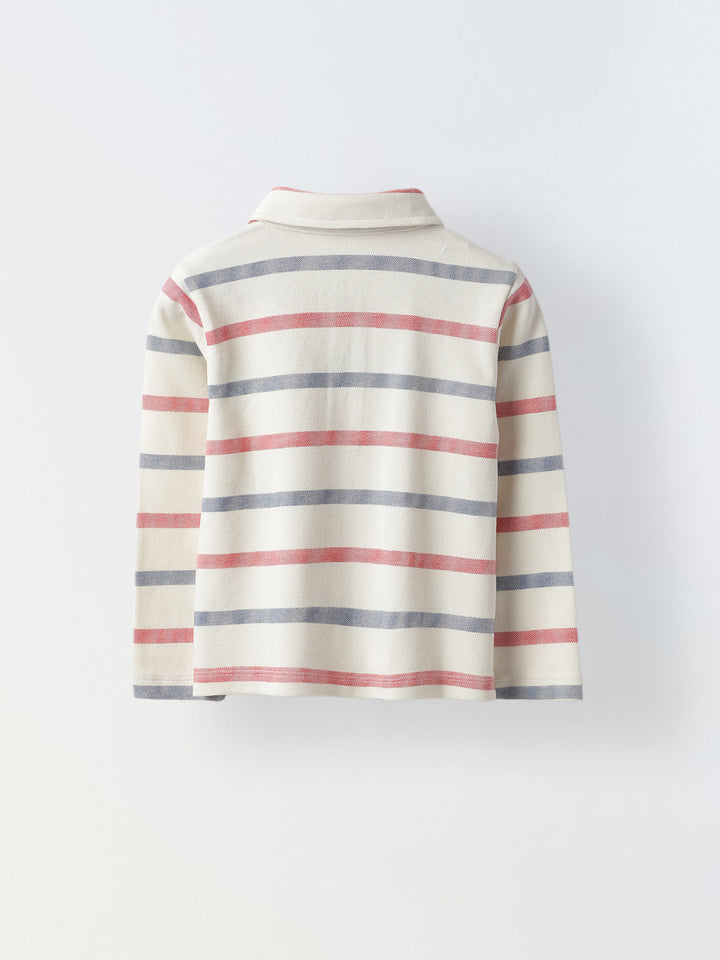 Boys White Collar Neck Striped Polo T-Shirt
