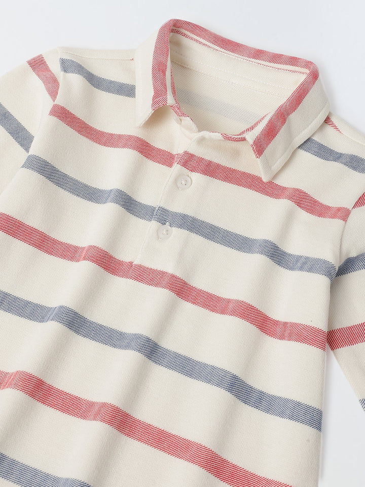 Boys White Collar Neck Striped Polo T-Shirt