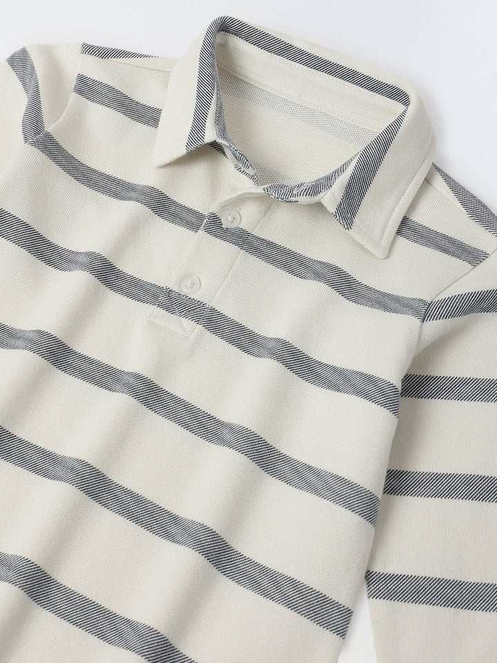 Boys White Collar Neck Striped Polo T-Shirt