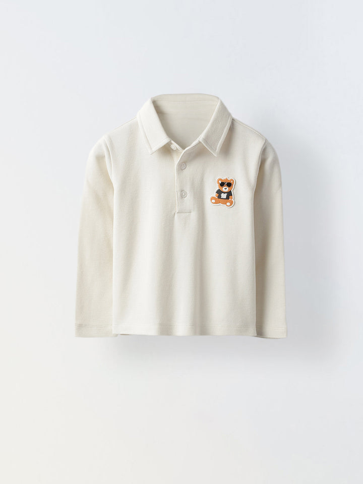 Boys Off White Collar Neck Polo T-Shirt with Patch
