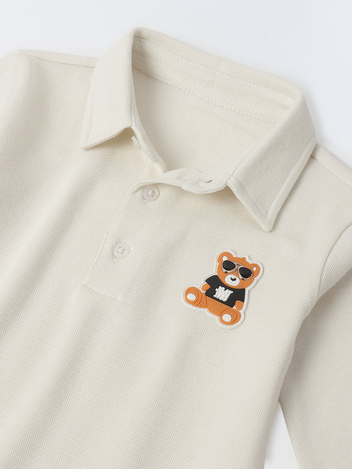Boys Off White Collar Neck Polo T-Shirt with Patch