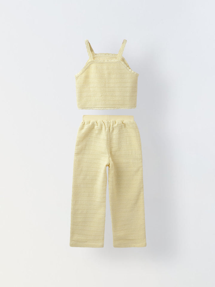 Ecru Woven Cotton Co-Ord Set For Kids Girl