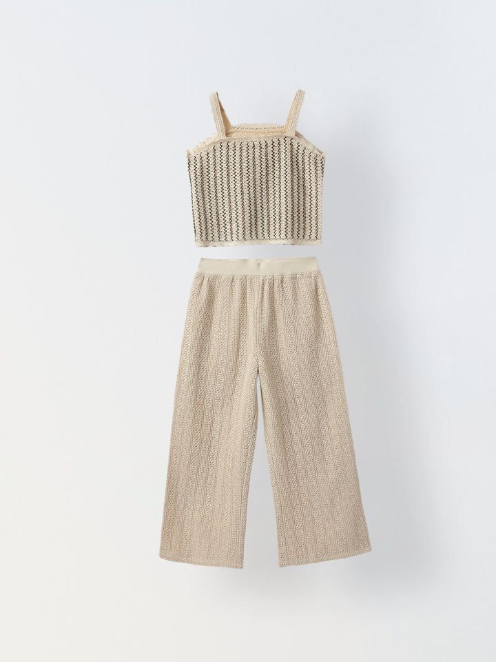 Beige Cotton Stiped Crochet CO-Ord Set For Girls