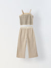 Beige Cotton Stiped Crochet CO-Ord Set For Girls