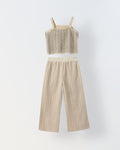 Beige Cotton Stiped Crochet CO-Ord Set For Girls