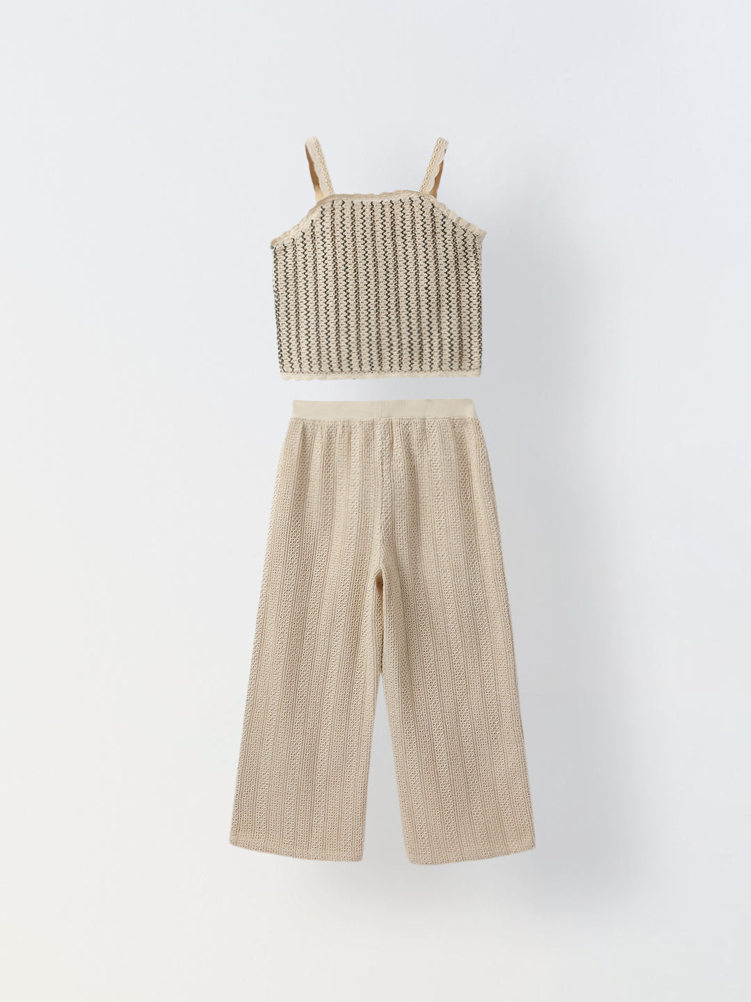 Beige Cotton Stiped Crochet CO-Ord Set For Girls