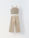 Beige Cotton Stiped Crochet CO-Ord Set For Girls