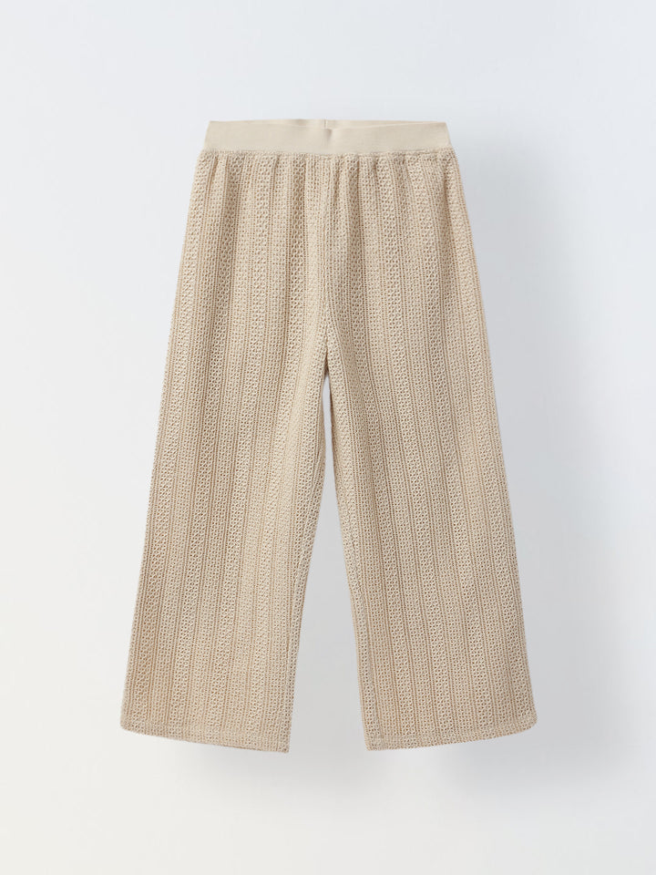 Beige Cotton Stiped Crochet CO-Ord Set For Girls