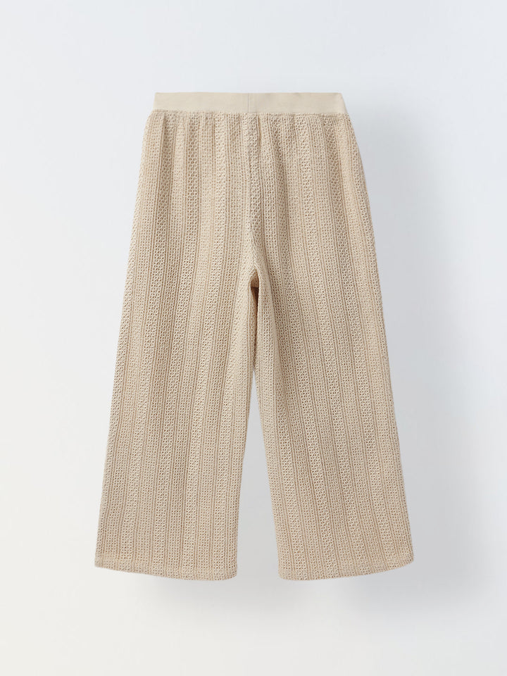 Beige Cotton Stiped Crochet CO-Ord Set For Girls