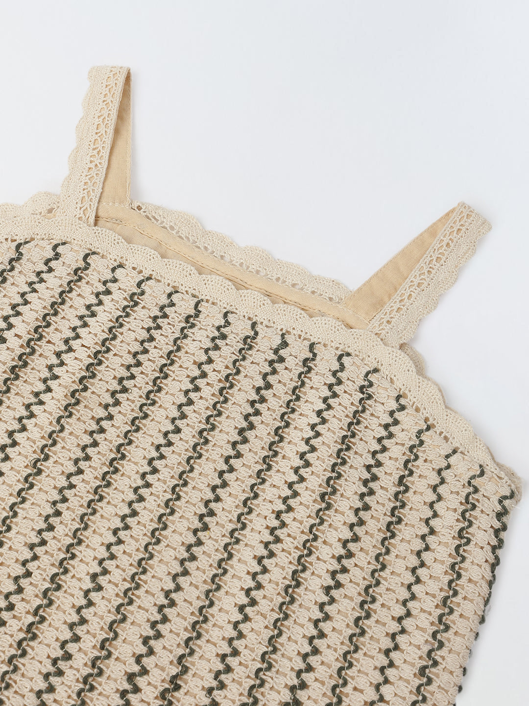 Beige Cotton Stiped Crochet CO-Ord Set For Girls