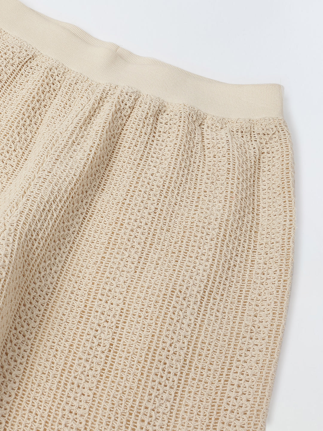 Beige Cotton Stiped Crochet CO-Ord Set For Girls