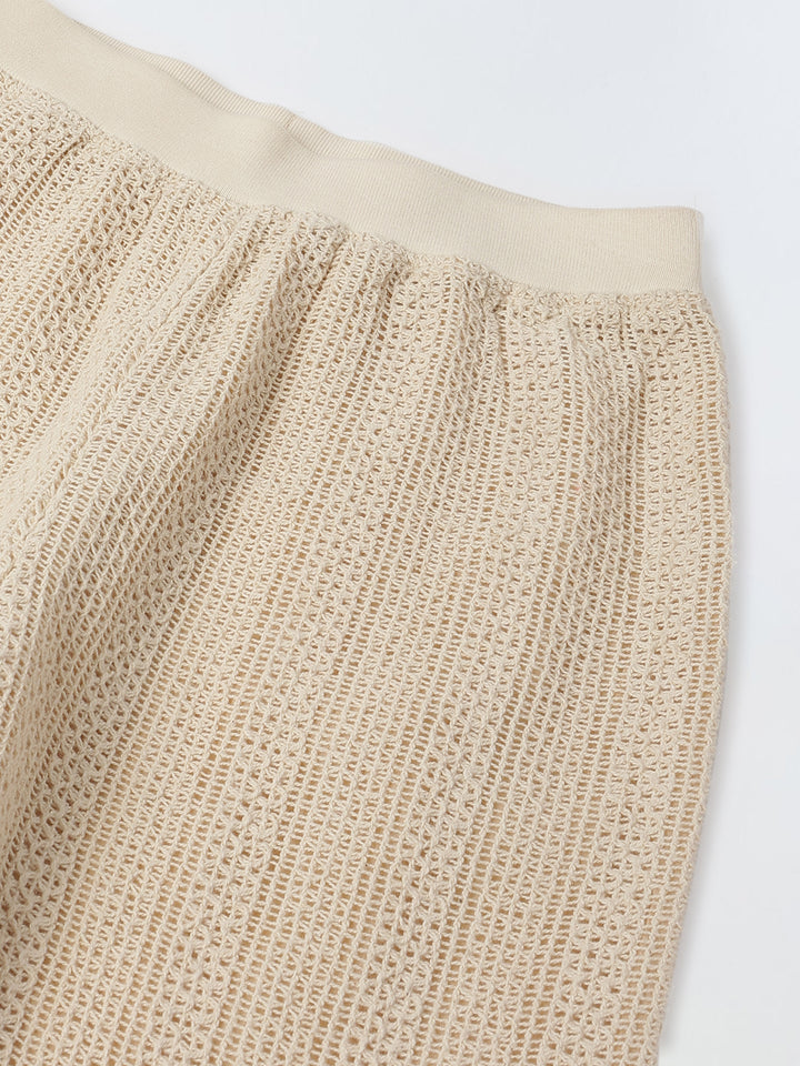 Beige Cotton Stiped Crochet CO-Ord Set For Girls