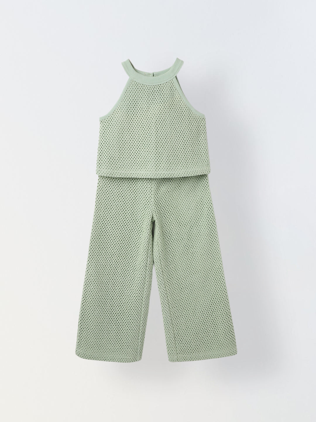 Girls Green Cotton Crochet Sleeveless Co-Ord Set