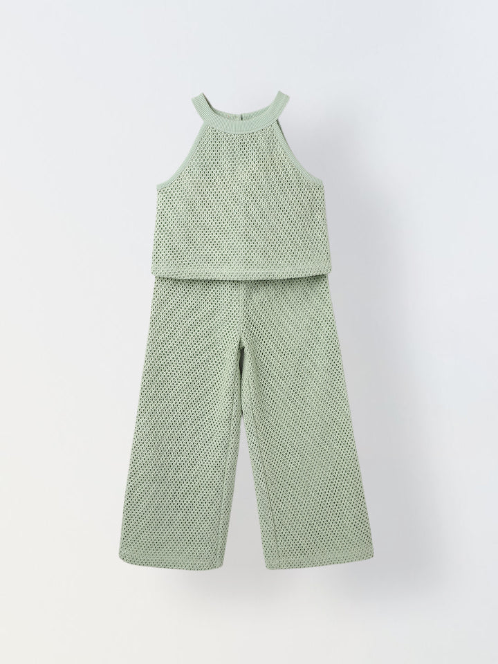 Girls Green Cotton Crochet Sleeveless Co-Ord Set