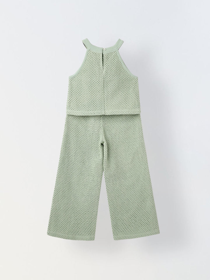 Girls Green Cotton Crochet Sleeveless Co-Ord Set
