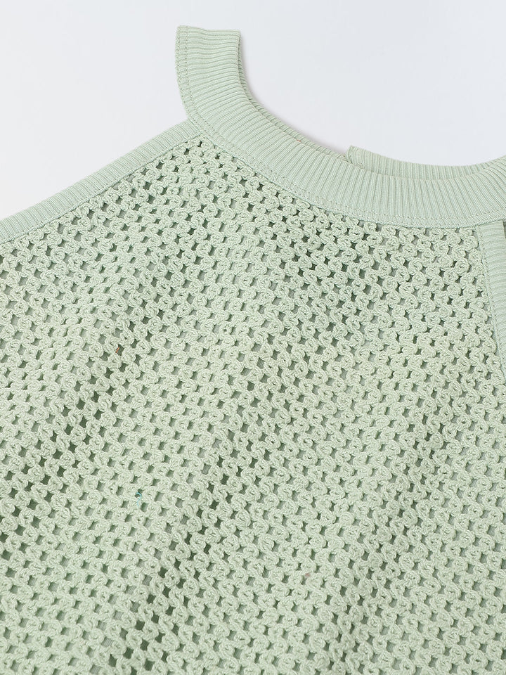 Girls Green Cotton Crochet Sleeveless Co-Ord Set