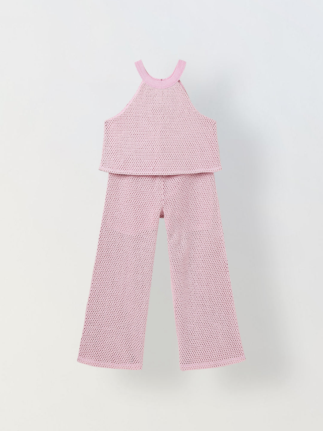 Spunkies Girls Pink Crochet Halter Neck Sleeveless Top and Trousers Set