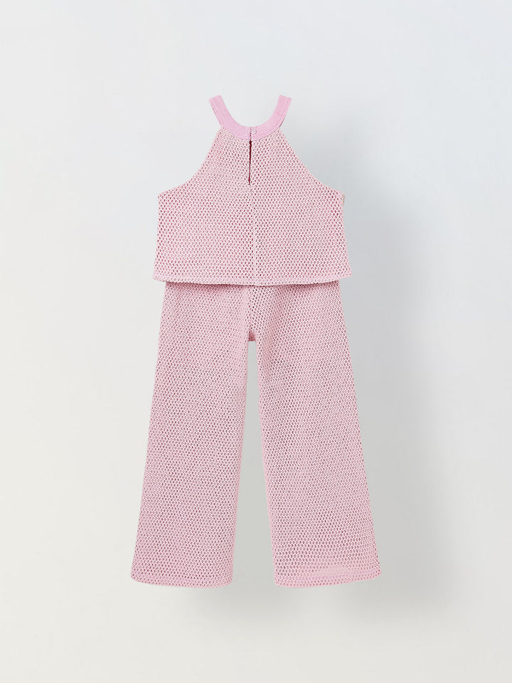 Spunkies Girls Pink Crochet Halter Neck Sleeveless Top and Trousers Set