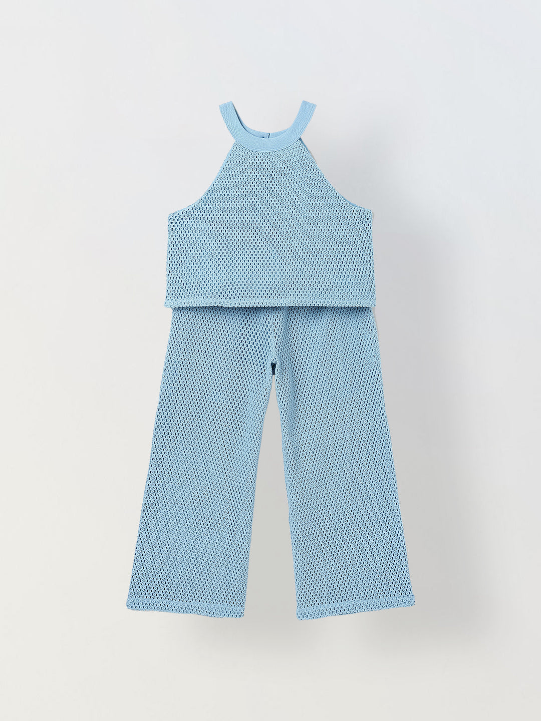 Spunkies Girls Blue Crochet Halter Neck Sleeveless Top and Trousers Set