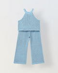 Spunkies Girls Blue Crochet Halter Neck Sleeveless Top and Trousers Set