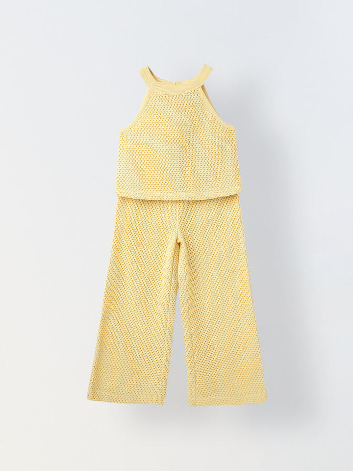 Girls Yellow Cotton Crochet Sleeveless Co-Ord Set