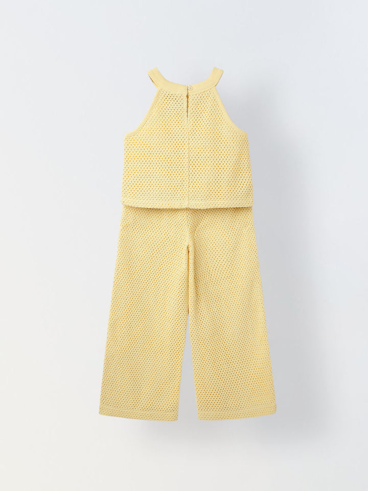 Girls Yellow Cotton Crochet Sleeveless Co-Ord Set