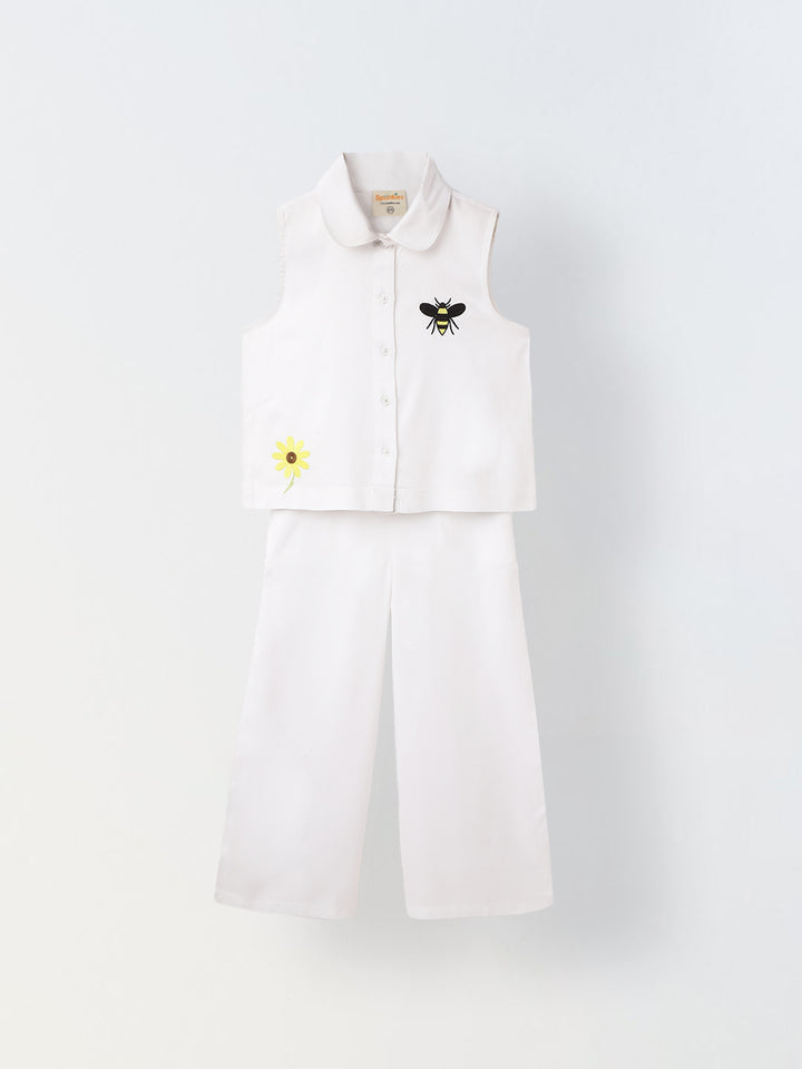 Girls White Embroidered Sleeveless Co-Ord Set