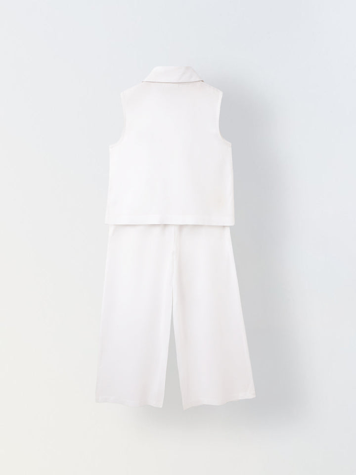 Girls White Embroidered Sleeveless Co-Ord Set