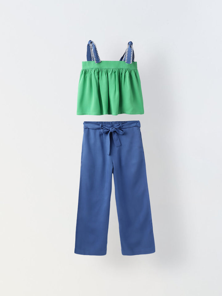 Green & Royal Blue Single Jersey Cotton Co-Ord Set For Girls