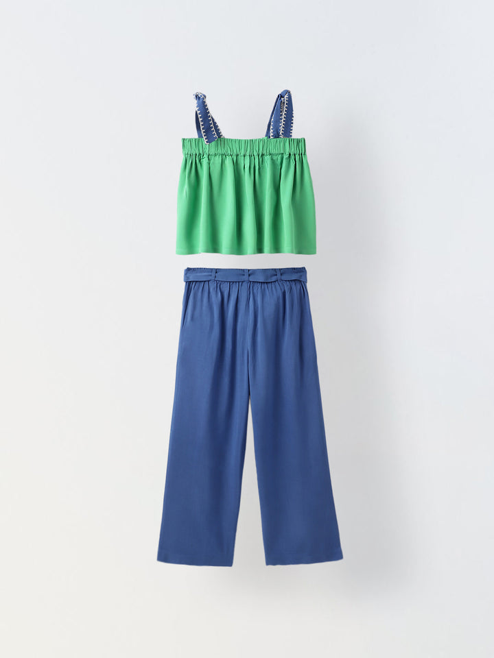 Green & Royal Blue Single Jersey Cotton Co-Ord Set For Girls