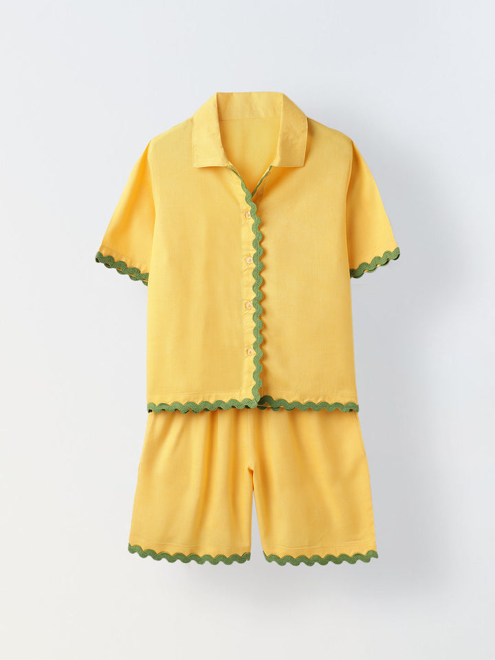 Yellow Cotton Shirt and Short Co-Ord Set-Girls