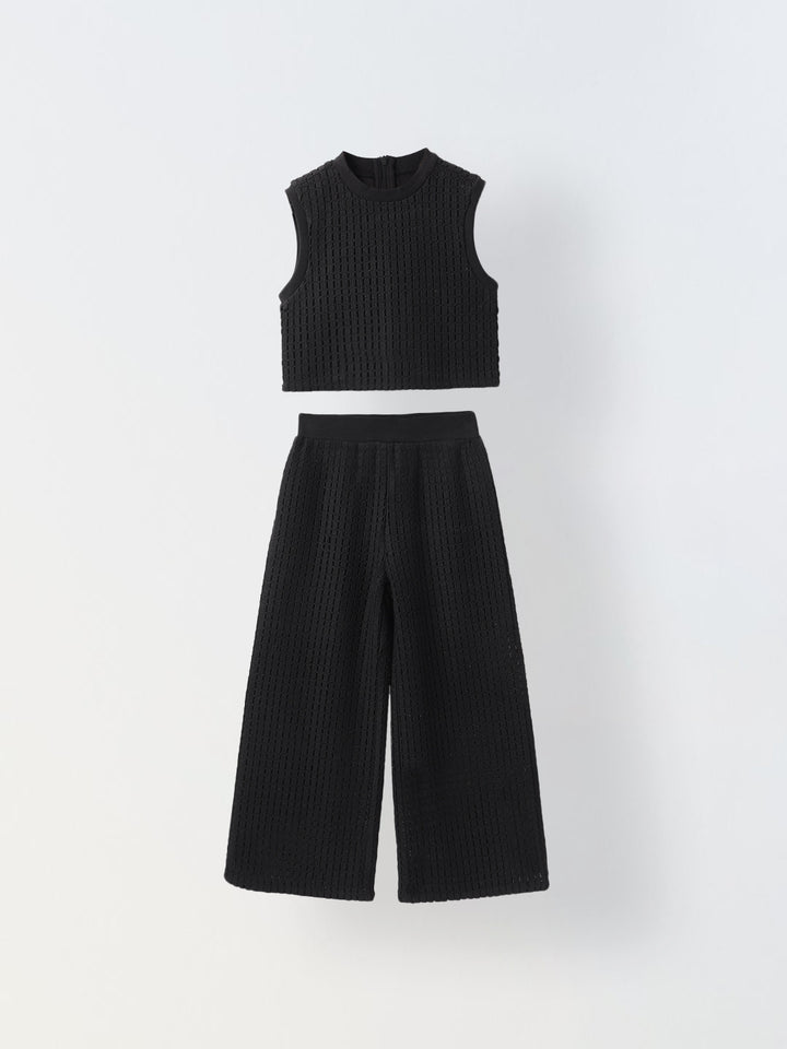 Girls Black Cotton Crochet Co-Ord Set