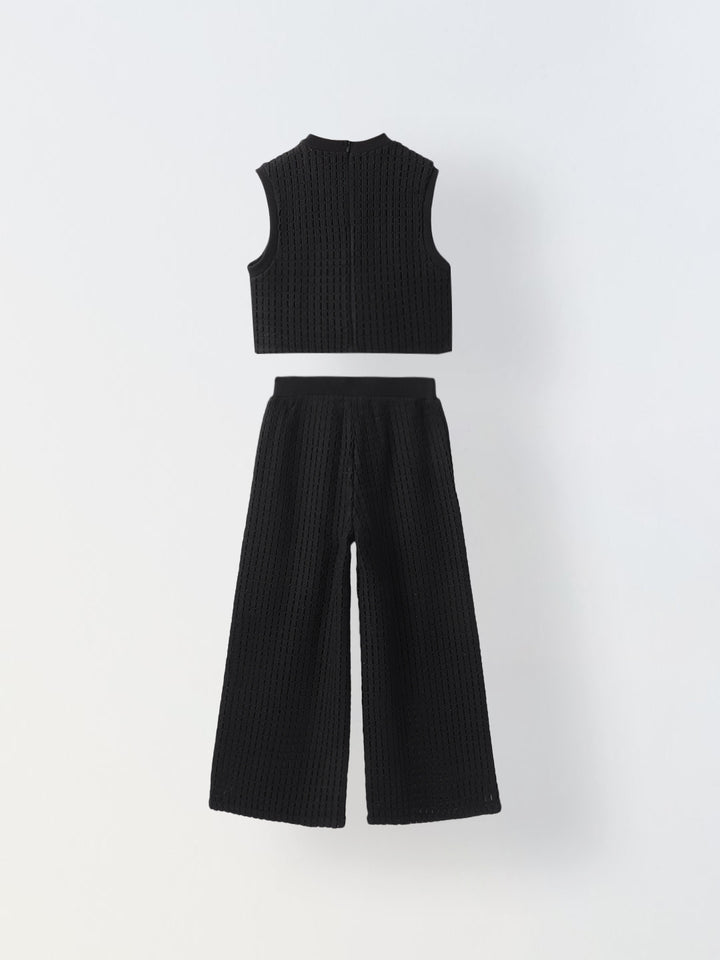 Girls Black Cotton Crochet Co-Ord Set