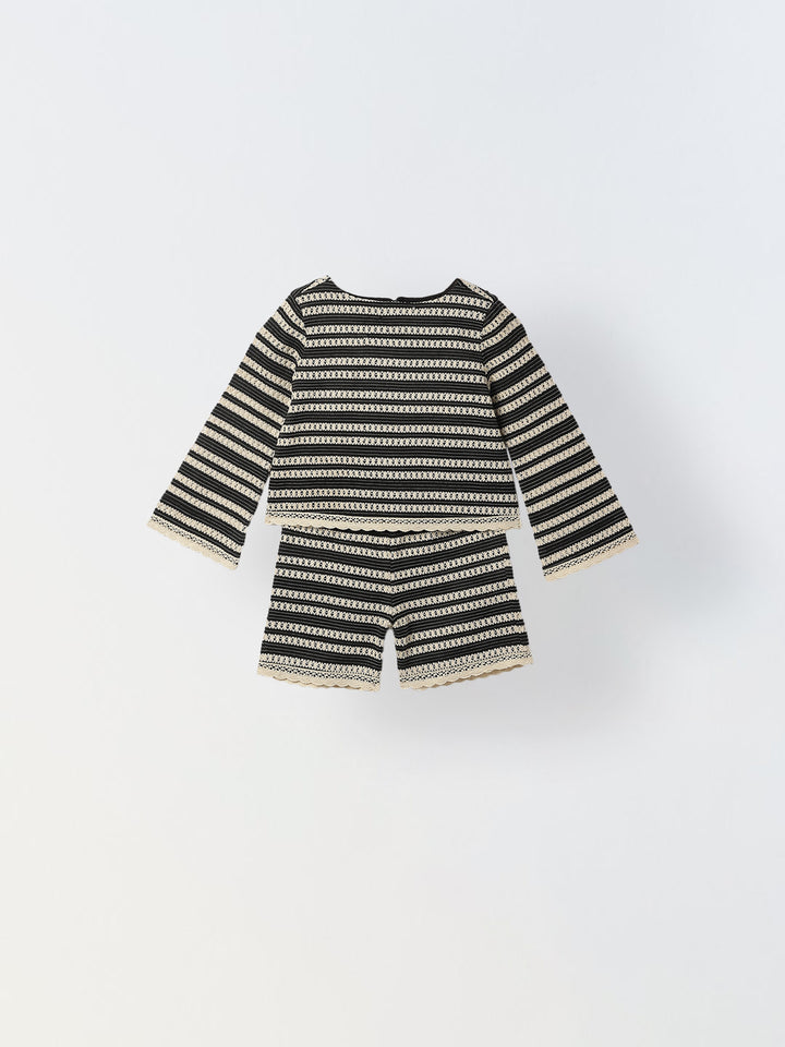 Girls Black & White Crochet Long Sleeve Co-Ord Set For Girls