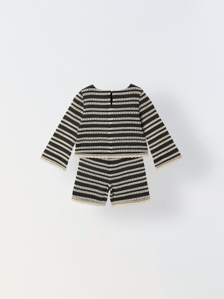 Girls Black & White Crochet Long Sleeve Co-Ord Set For Girls