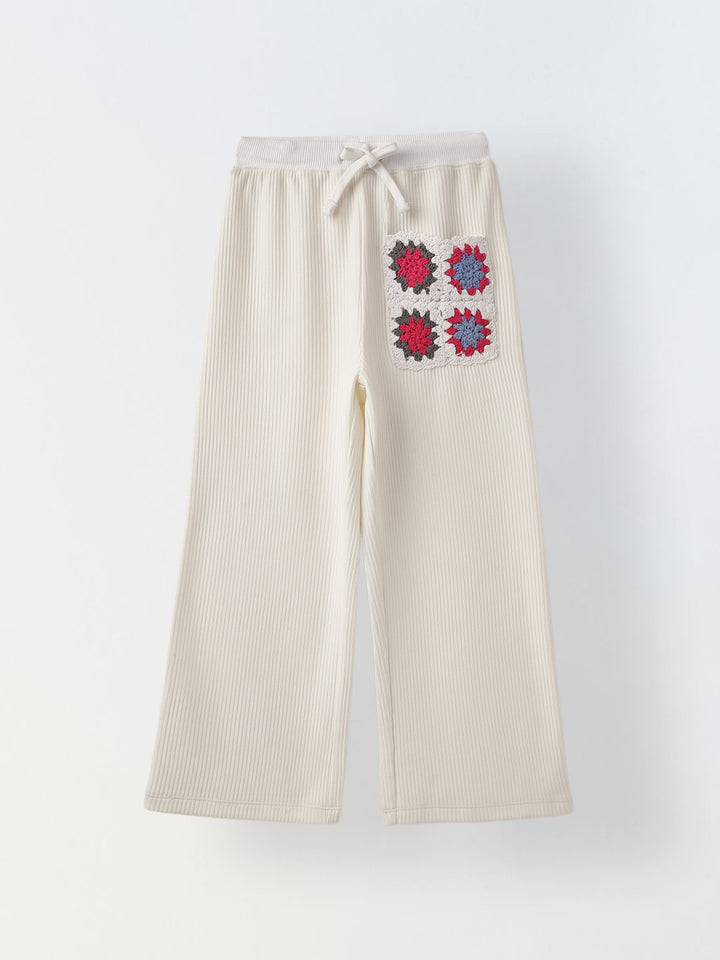 White Cotton Crochet Patch Lounge Pants – Girls