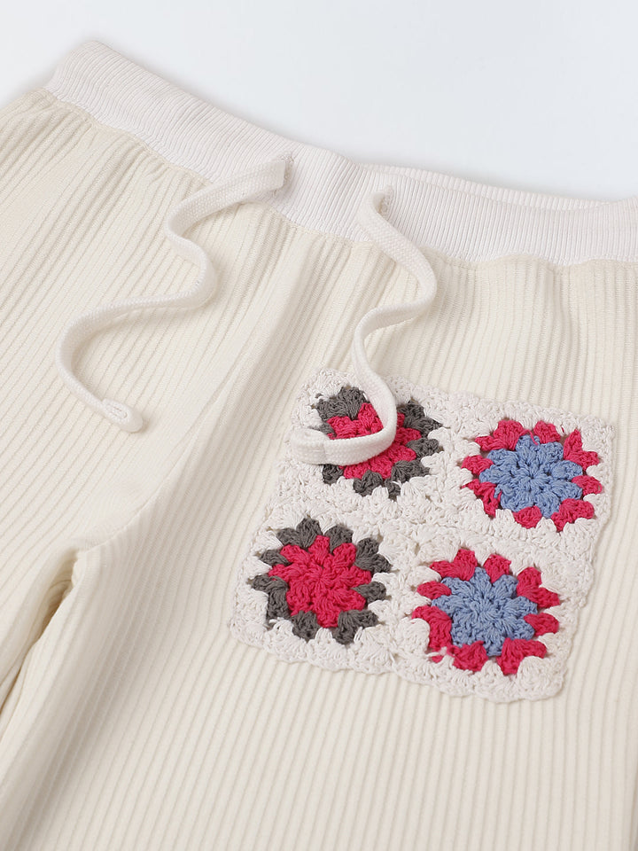 White Cotton Crochet Patch Lounge Pants – Girls