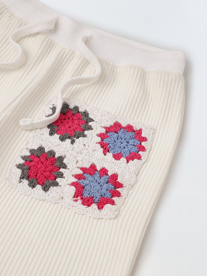 White Cotton Crochet Patch Lounge Pants – Girls