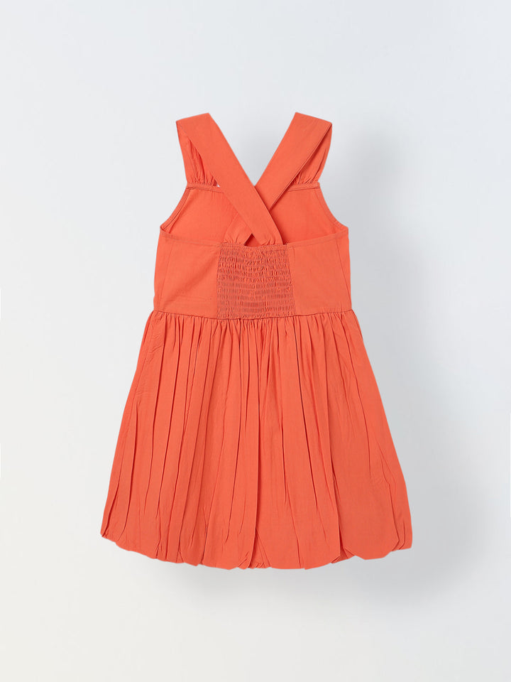 Spunkies Orange Girls Smocked Square Neck Sleeveless A-Line Dress