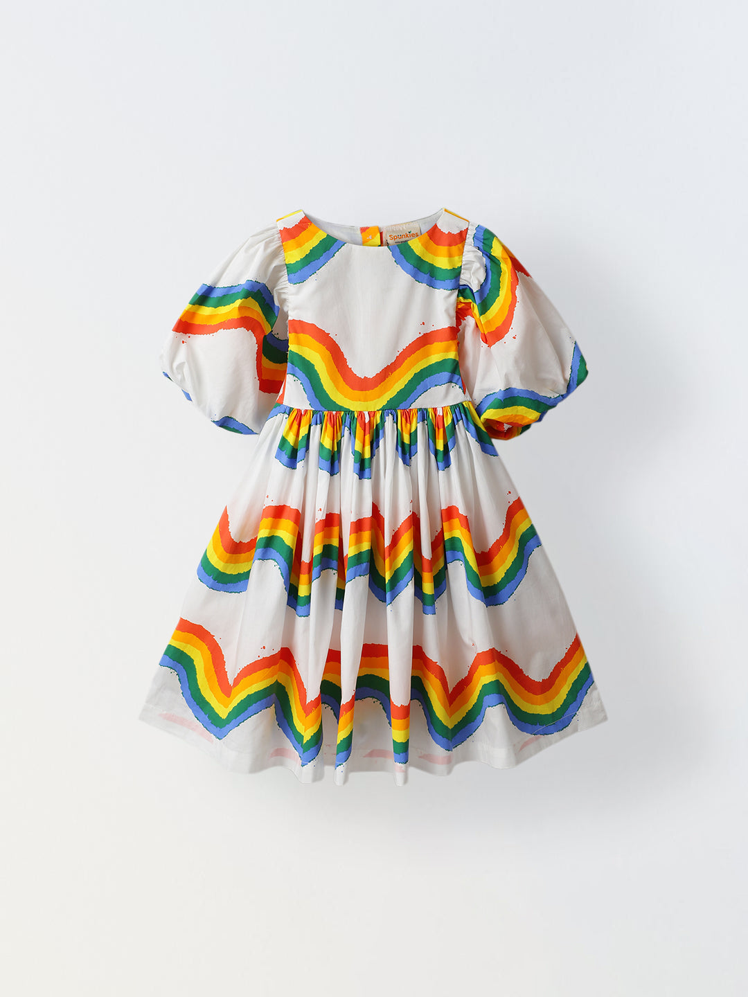 Girls' Rainbow Puff-Sleeve Dress – White – Spunkies Girls' Rainbow Puff-Sleeve Dress – White – Spunkies