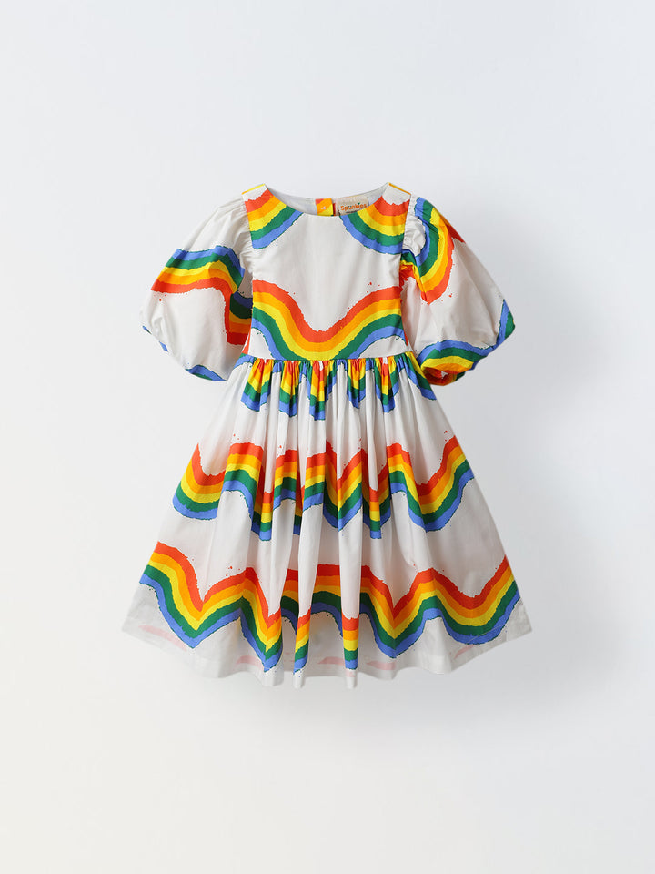 Girls' Rainbow Puff-Sleeve Dress – White