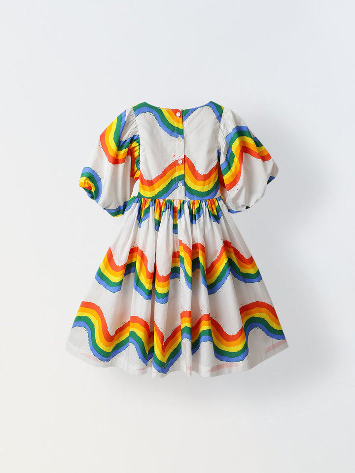 Girls' Rainbow Puff-Sleeve Dress – White