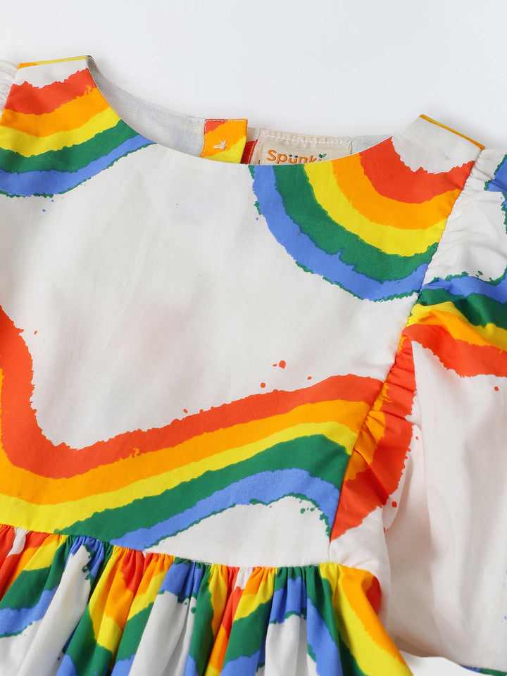 Girls' Rainbow Puff-Sleeve Dress – White