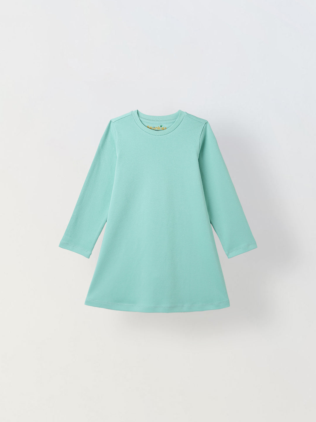 Spunkies Light Green Girls Solid Round Long Sleeves A-Line Dress