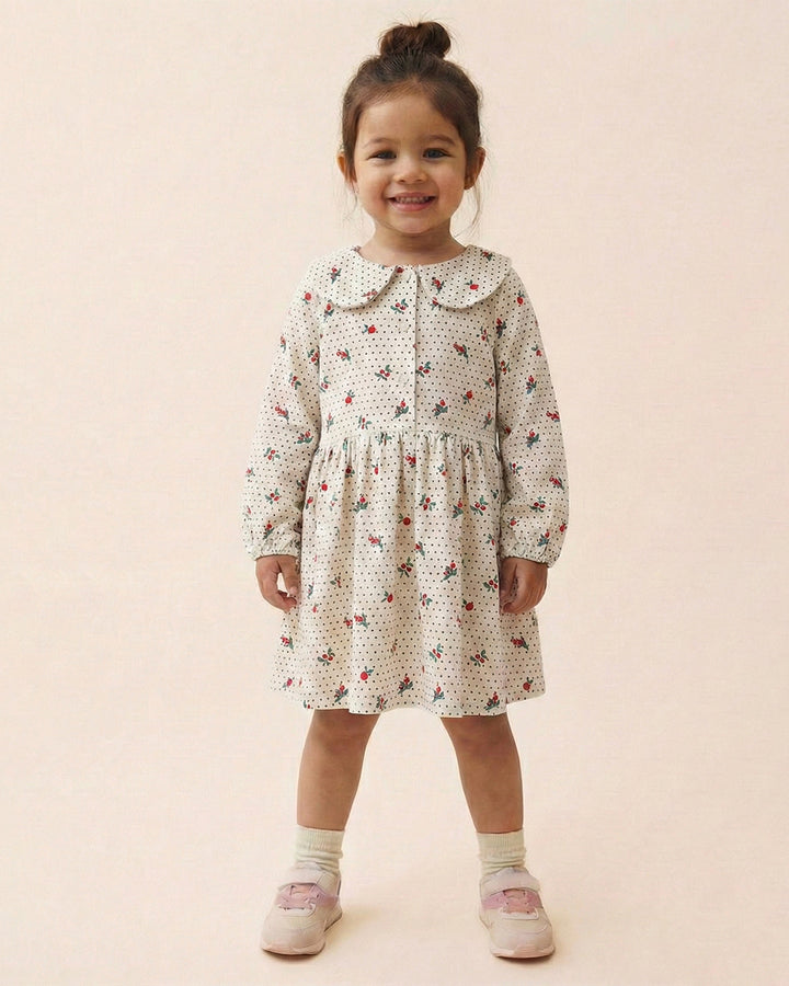 Girls White Collar Neck Corduroy Floral Print Dress