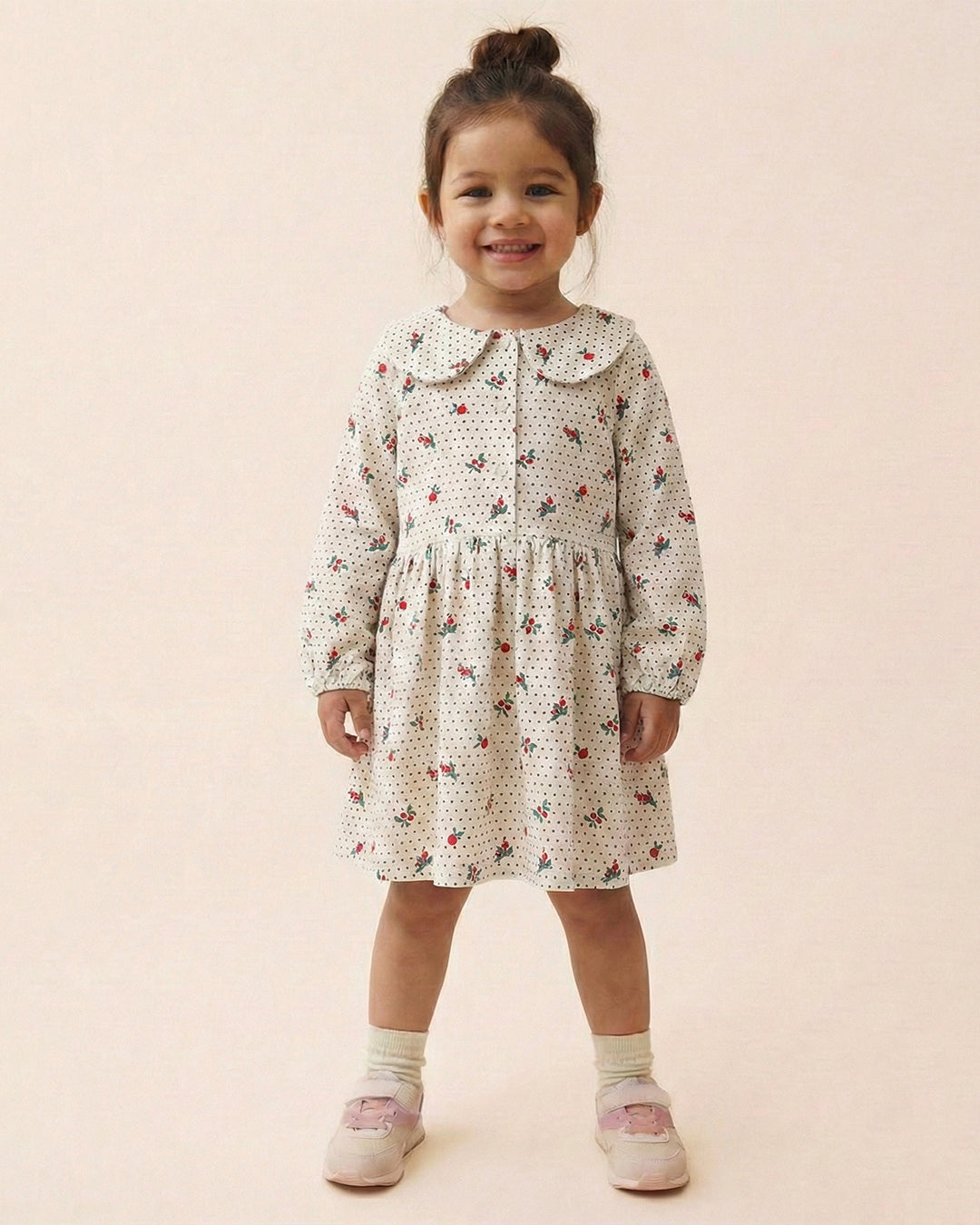 Girls White Collar Neck Corduroy Floral Print Dress