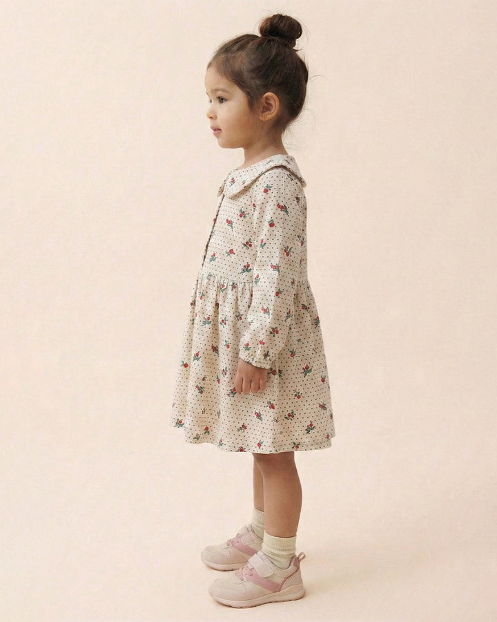 Girls White Collar Neck Corduroy Floral Print Dress